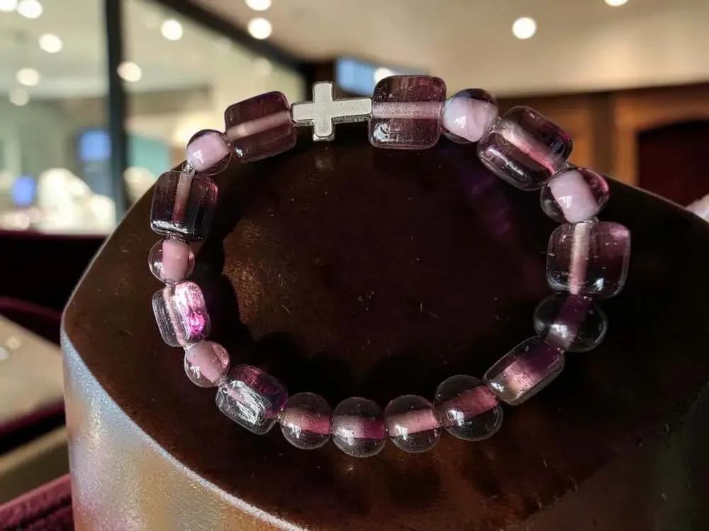 Purple Fluorite and Pink Bead Stretch Bracelet with Cross Charm